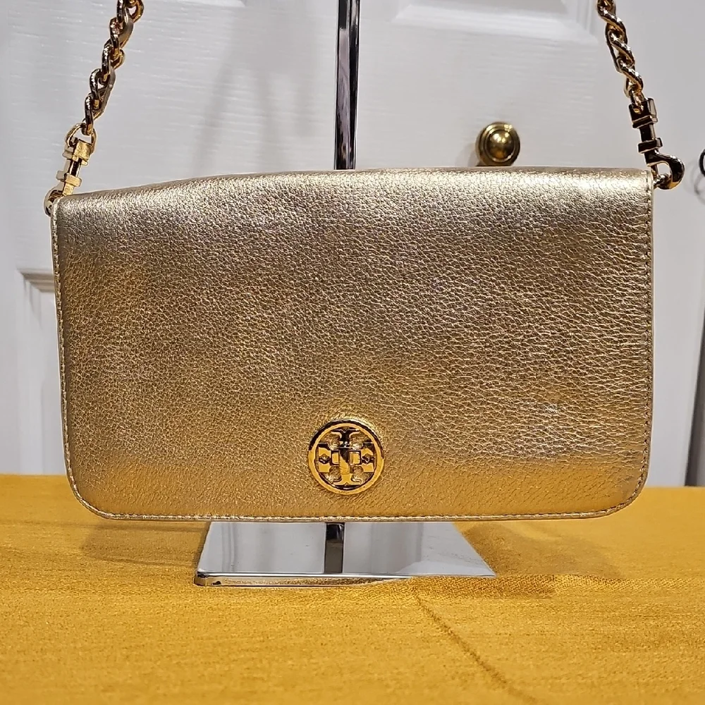 Tory Burch Gold Leather Adalyn Chain Clutch Like New
